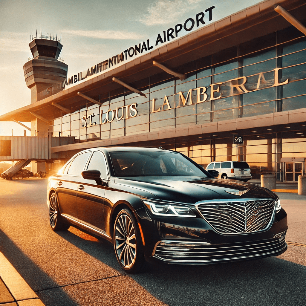 A luxury black Genesis G90 sedan parked in front of the St. Louis Lambert International Airport (STL) terminal at sunset, representing Gateway Limousine's premium Lambert Airport Limo Servicer services.