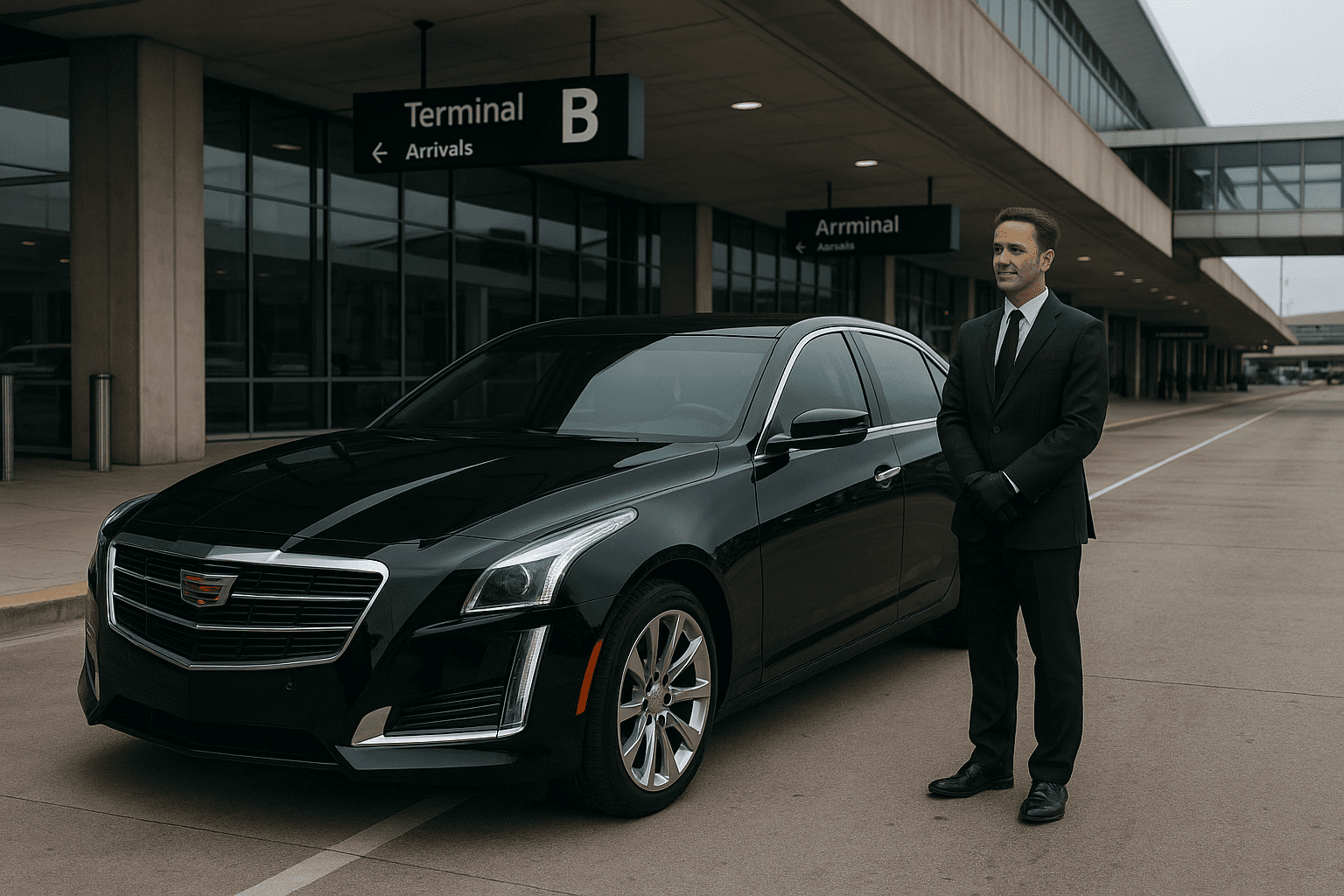 A professional chauffeur in a black suit and gloves standing next to a black Cadillac sedan at the St. Louis Lambert International Airport Terminal B arrivals area, representing Gateway Limousine's executive transportation services.