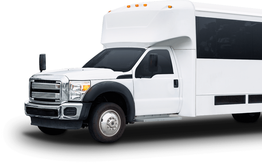 A white Ford luxury executive shuttle bus with tinted windows and chrome grille, used for group transportation, corporate events, and airport transfer services in St. Louis.