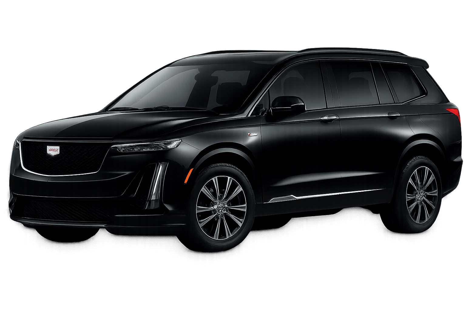 A profile view of a black Cadillac XT6 luxury SUV set against a transparent background, representing the premium executive fleet of Gateway Limousine & Black Car Service.
