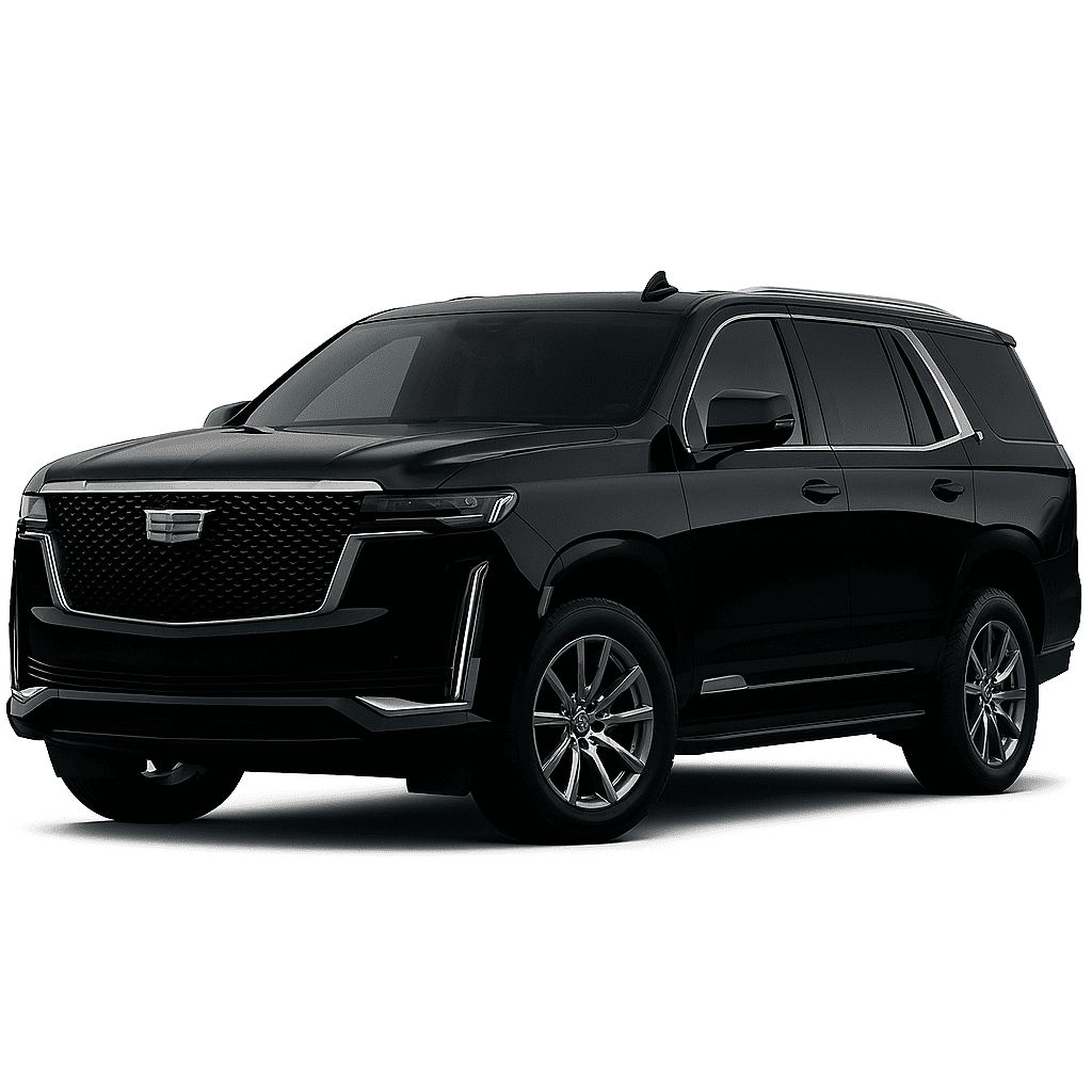 A sleek, black Cadillac Escalade luxury SUV parked against a white background, representing the premium executive fleet for Gateway Limousine & Black Car Service in St. Louis.
