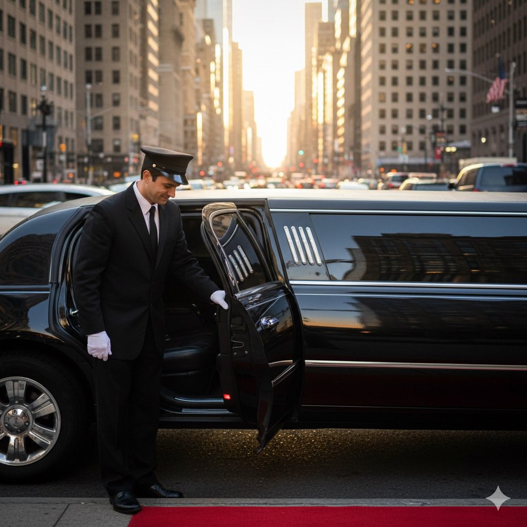 A professional, smiling chauffeur in a suit holding the door for a business passenger at St. Louis Lambert International Airport (STL), representing Gateway Limousine's 24-hour black car and airport transfer services.